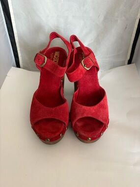 Jeffery Campbell Red Suede Platform Open-Toe Sandals with Ankle Buckle 8